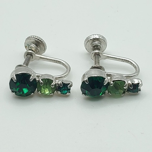 Vintage Jay Flex Sterling Earrings Green Rhinestones Screw Backs Fashion Jewelry - Picture 1 of 11